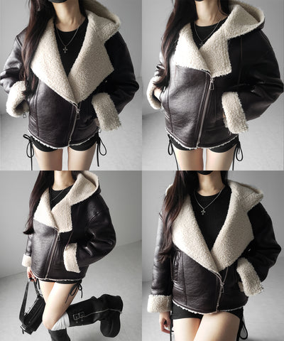 ヴィンテージレザーフーディボアムートンジャケット ／ vintage leather hoodie boa mouton jacket