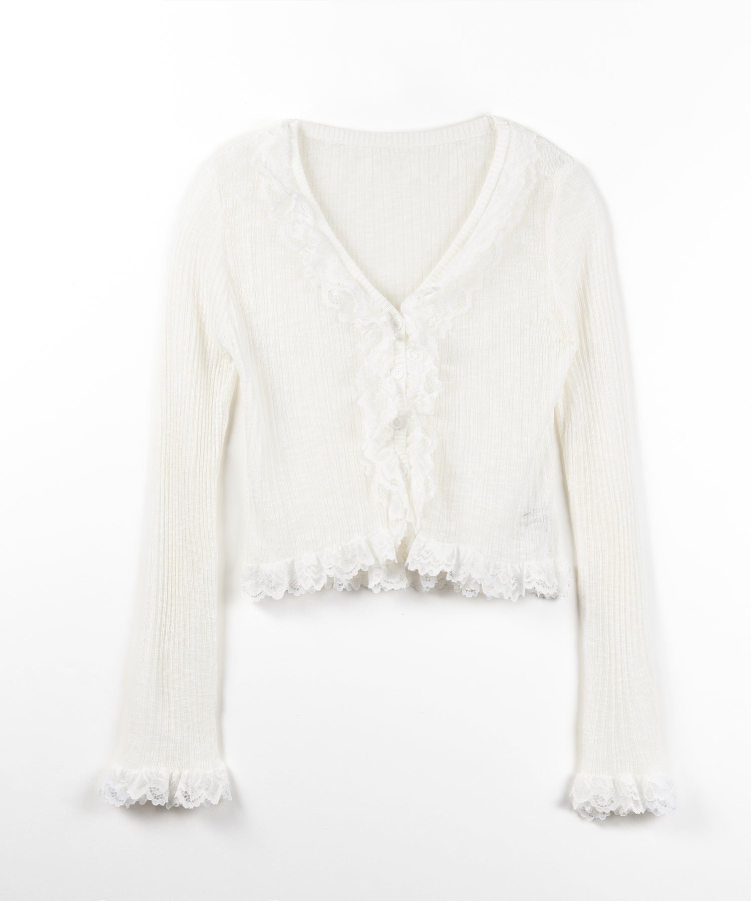 レースフリルシアーニットカーディガン ／ lace frill sheer knit cardigan