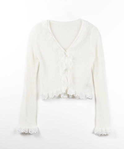 レースフリルシアーニットカーディガン ／ lace frill sheer knit cardigan