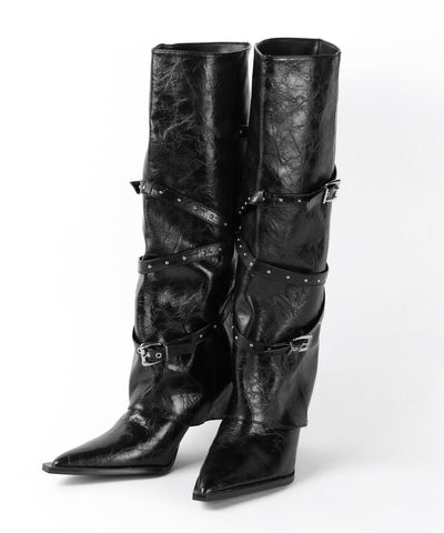 ヴィンテージレザーベルテッドロングカバーブーツ ／vintage leather belted long cover boots
