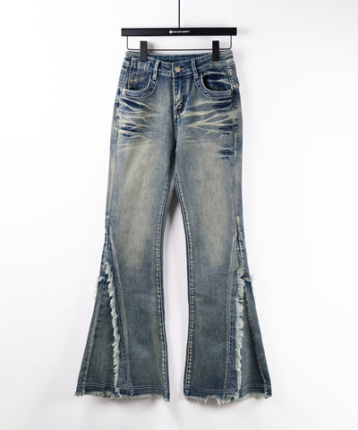 【 ２color ／ ４size 】ヴィンテージライクフリンジストレッチフレアデニム ／ Vintage-like fringe stretch flare denim
