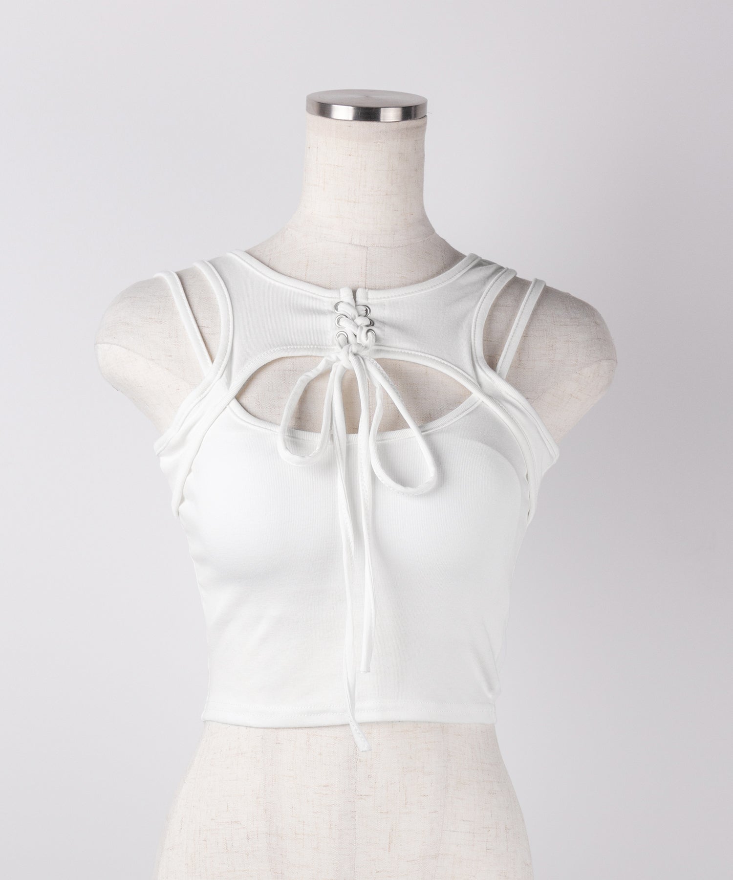 【 ２color 】レースアップリボンカットアウトリブショートタンク ／ laceup ribbon cutout rib short tank