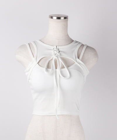 【 ２color 】レースアップリボンカットアウトリブショートタンク ／ laceup ribbon cutout rib short tank