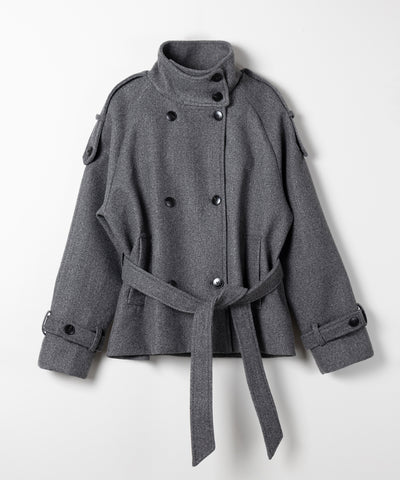 【 ウエストベルト付き 】スタンドネック ダブルブレスト ウールライクメルトンピーコート ／ Stand neck double-breasted wool-like melton pea coat