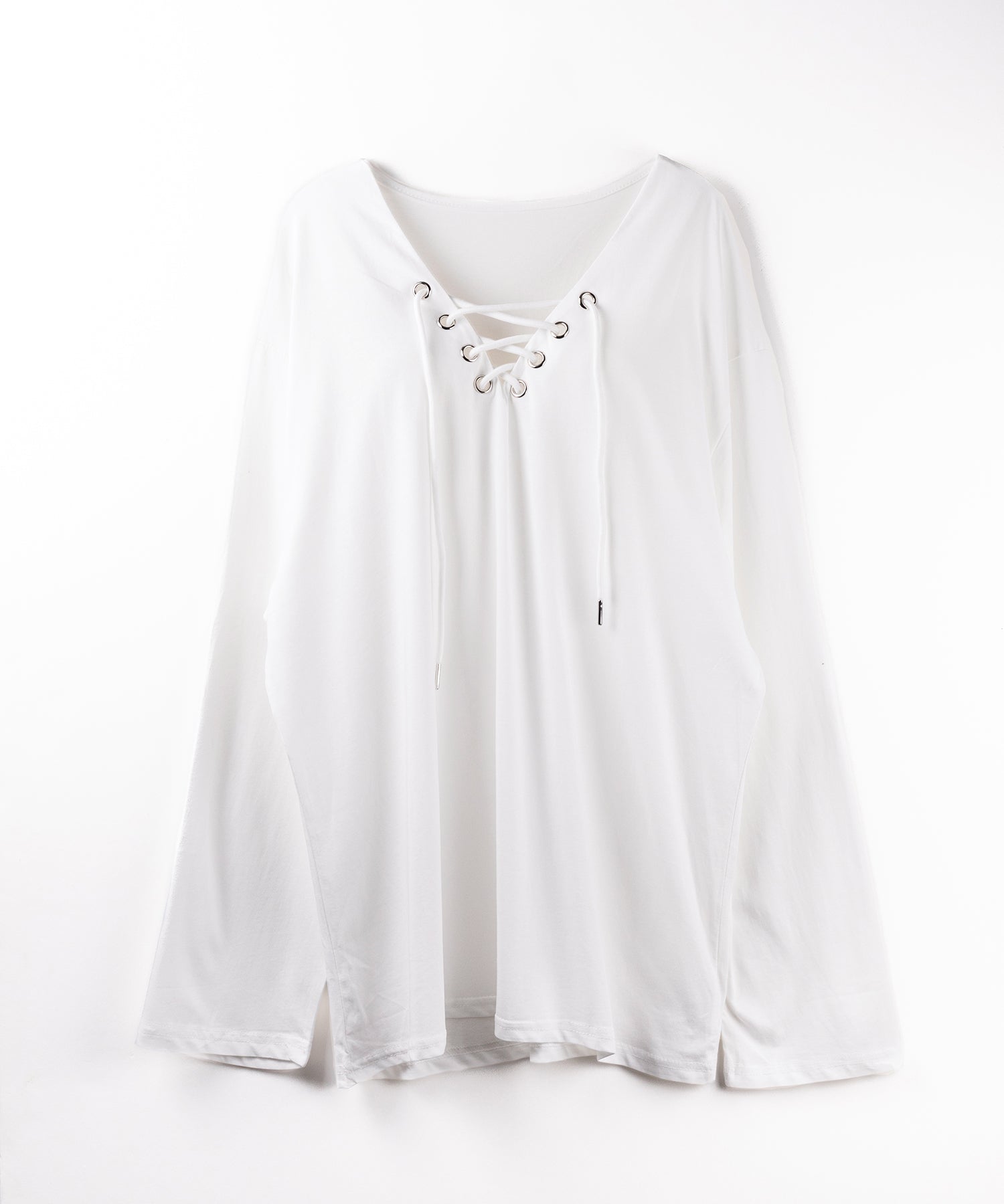 【 ２color 】レースアップルーズシルエット長袖ビッグTシャツ ／ laceup loose silhouette long sleeve big T-shirt