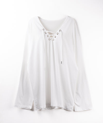 【 ２color 】レースアップルーズシルエット長袖ビッグTシャツ ／ laceup loose silhouette long sleeve big T-shirt