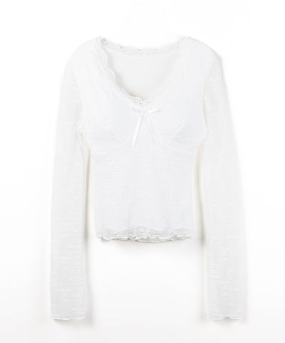 フロントリボンVネックレイヤードレーストップス ／ front ribbon v-neck layered lace tops
