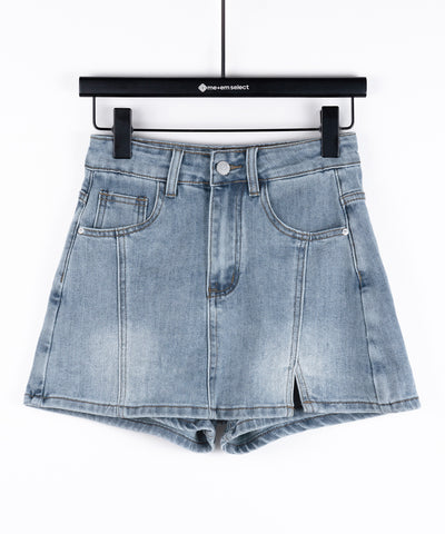 ミニスリットストレッチレイヤードデニムミニスカパン ／ mini slit stretch layered denim mini skirt pants