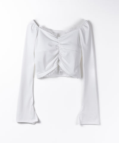 【 ２color 】レースドッキングシャーリングショートカットソートップス ／ lace docking shirring short cutsew tops