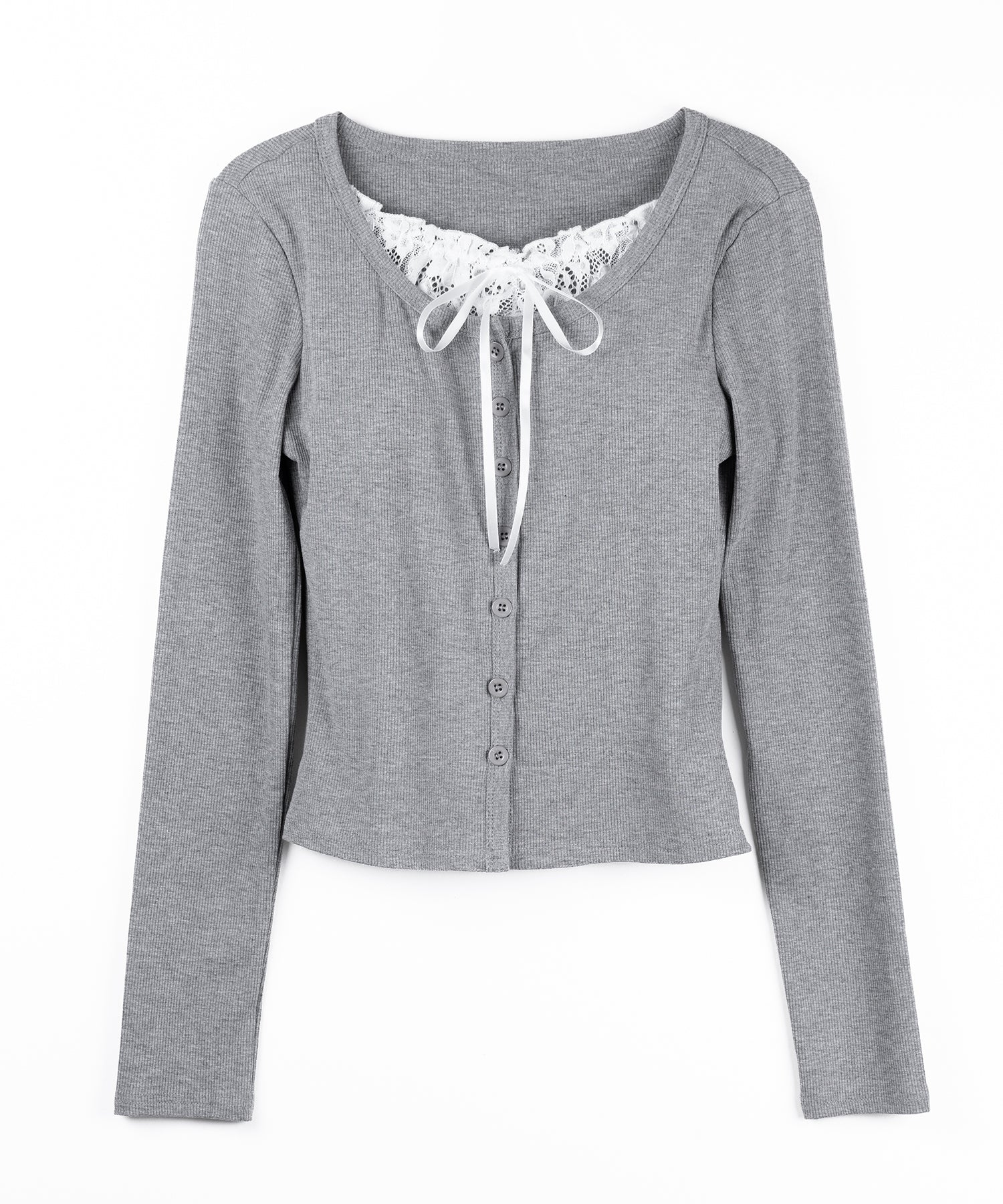 フロントリボンレースレイヤード長袖リブカーディガン ／front ribbon lace layered long-sleeve rib cardigan