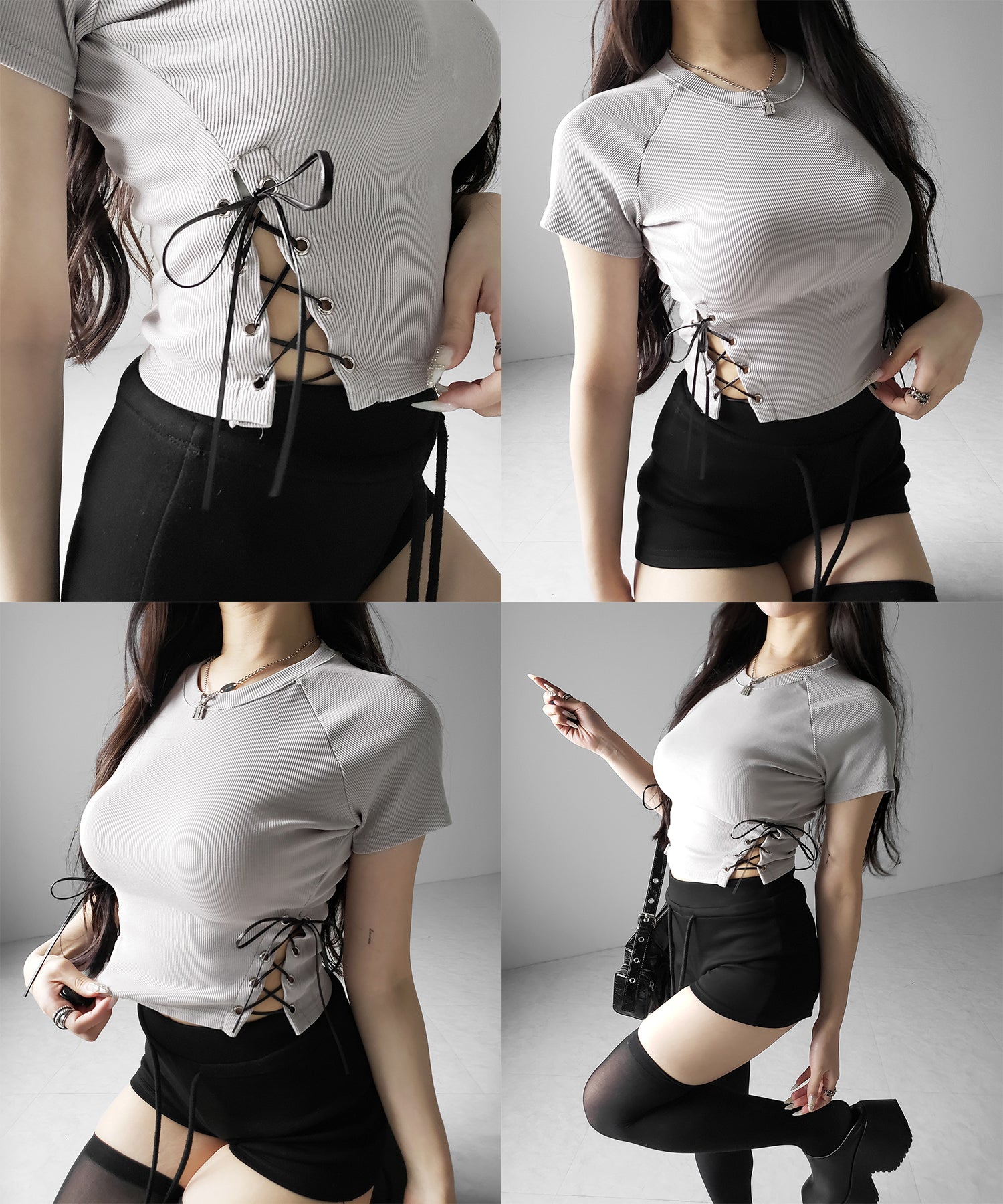 ヴィンテージサイドレースアップカットアウト半袖ショートTシャツ ／ vintage side lace up cutout short short sleeve T-shirts