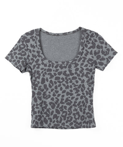 グレーレオパードスクエアネックスリムTシャツ ／ gray reopard square neck slim T-shits
