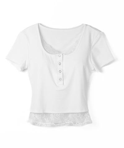 レースレイヤードヘンリーネックスクエア半袖Ｔシャツ ／ lace layered henley neck square short sleeve T-shirt