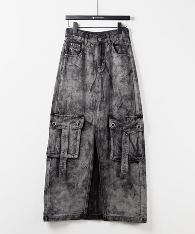 【 ３SIZE 】クラッシュブリーチセンタースリットカーゴデニムスカート ／ crash bleach center slit cargo denim skirt