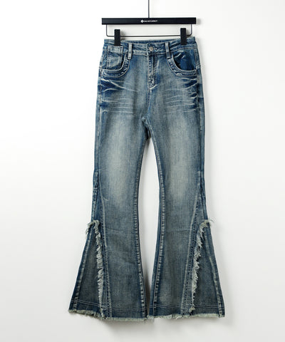 【 ２color ／ ４size 】ヴィンテージライクフリンジストレッチフレアデニム ／ Vintage-like fringe stretch flare denim