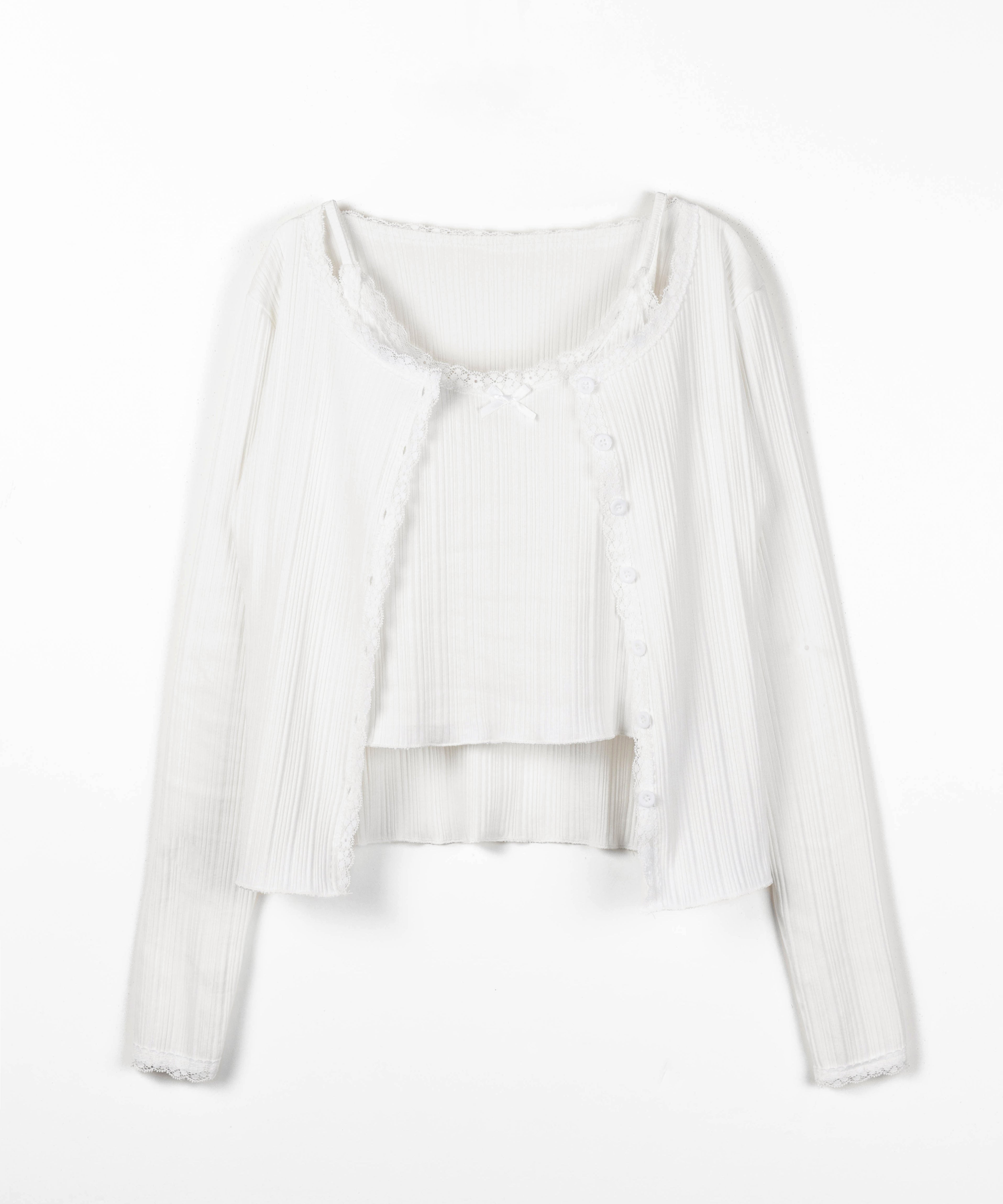 【 ２点セット 】フロントリボンレース切替リブキャミソール ＋ カーディガンセット ／front ribbon lace lib camisole + cardigan SET