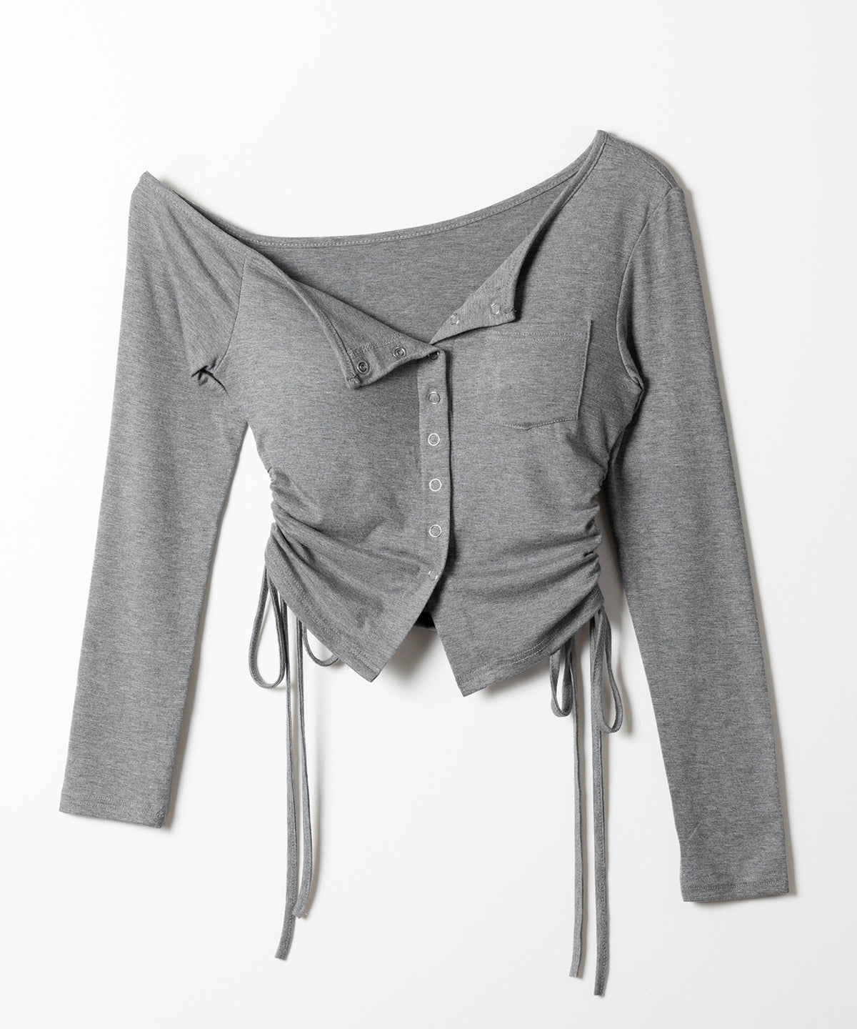 スナップボタンサイドシャーリング長袖ワンショルトップス ／ Snap button side shirring long-sleeved one-shoulder tops