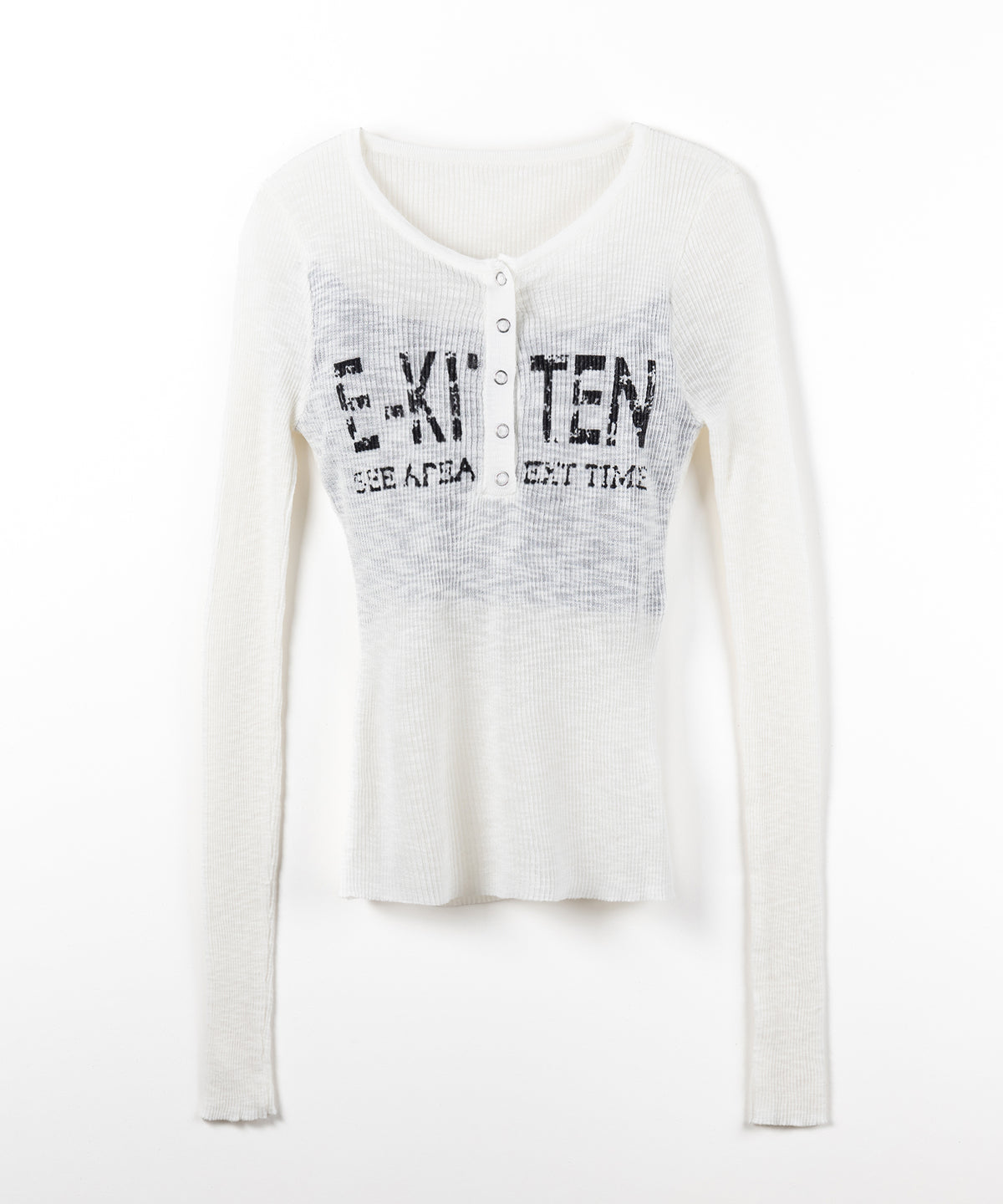 ヘンリーネックフェイクレイヤードロゴ長袖シアーニットトップス ／ henly neck fake layered logo longsleeve sheer rib knit tops