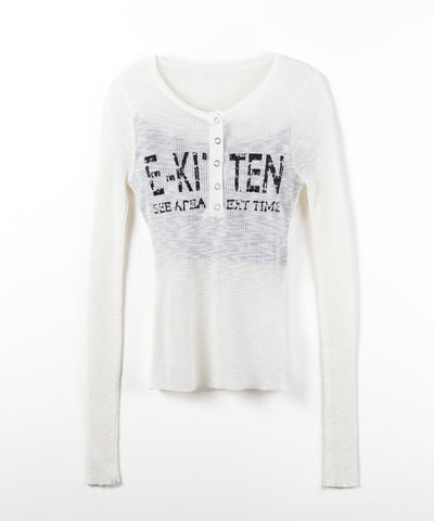 ヘンリーネックフェイクレイヤードロゴ長袖シアーニットトップス ／ henly neck fake layered logo longsleeve sheer rib knit tops