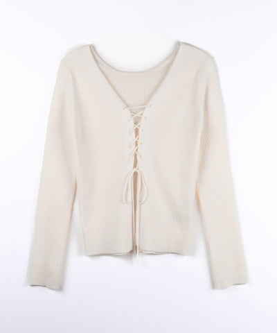 【 ３color 】レースアップリボンリブニットカーディガン ／ lace up ribbon rib knit cardigan