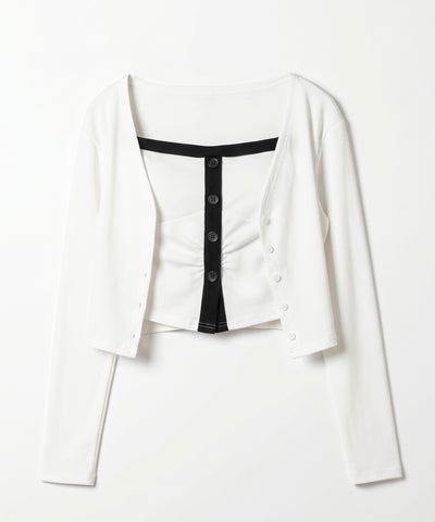 【 ２点セット 】バイカラーボタンベアトップス＆ショートカーディガン SET ／ bicolor button bare top & short cardigan SET