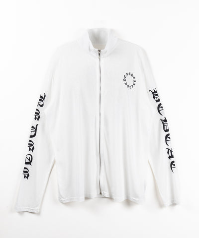 グランジロゴスタンドジップアップオーバーシアートップス ／ grunge logo stand zipup over sheer tops