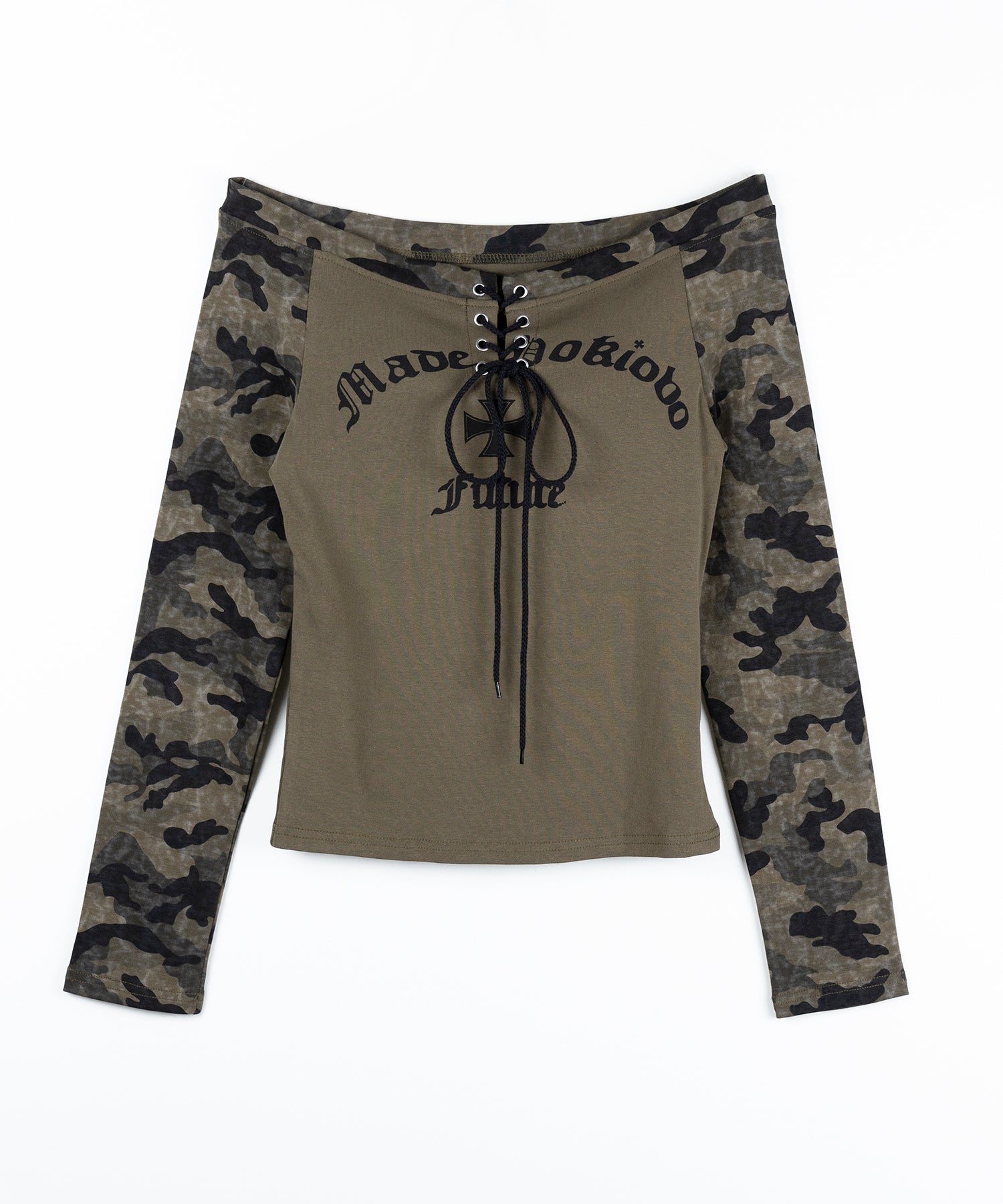 ヴィンテージカモフラロゴオフショルロンT ／vintage camouflage logo off-shoulder long-sleeve T-shirt
