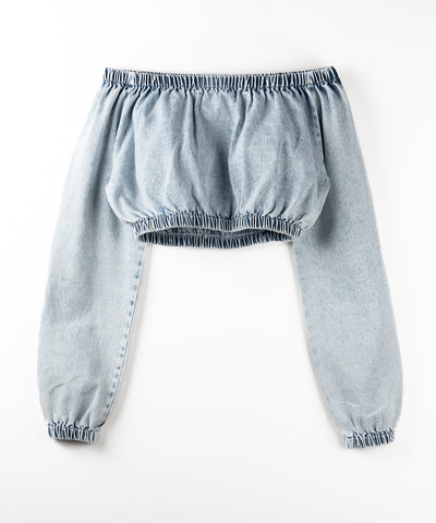 【 ２color 】ヴィンテージデニムギャザーオフショルトップス ／ vintage denim gathered off shoulder tops
