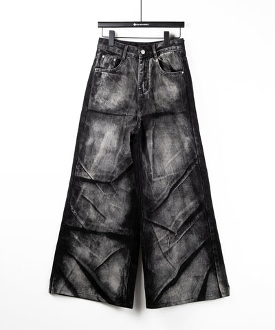 【 ４size 】CRACKクラッシュヘビーブリーチブラックワイドデニム ／ CRACK crash heavy bleach black wide denim