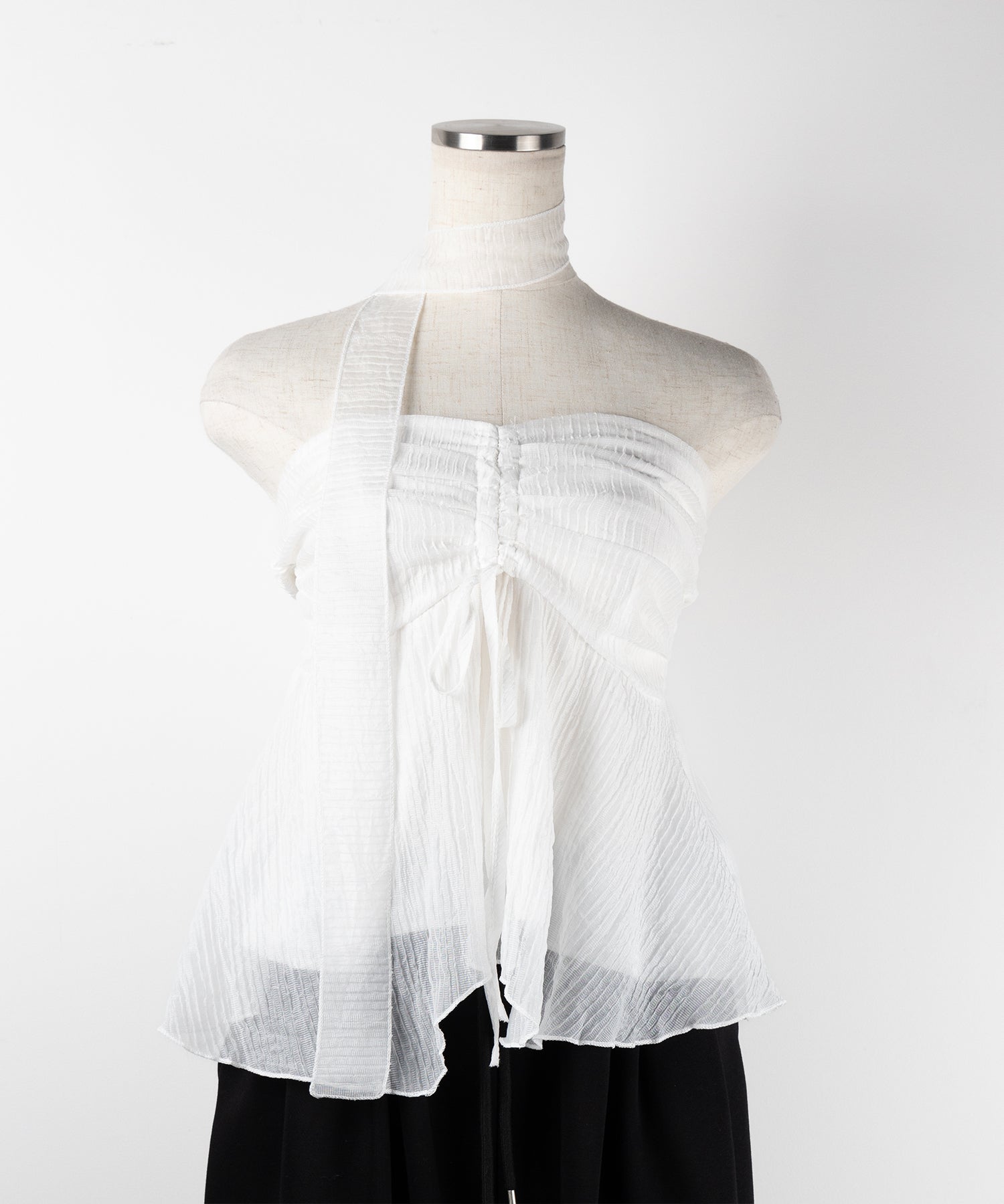 【 チョーカータイ付 】シャーリングリボンペプラムシフォンビスチェトップス ／ choker tie set shirring ribbon peplum chiffon bustier tops