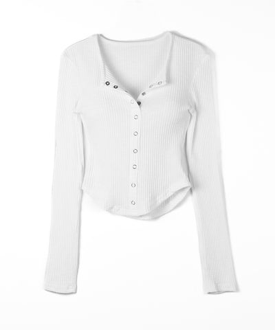スナップボタンタイトリブカットソートップス ／ snap button tight ribbed cutsew tops