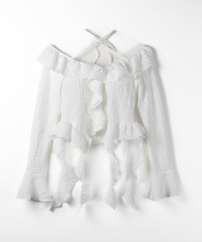 【 ２color 】クロスストラップリボンオフショルダーフリルブラウス ／ cross strap ribbon off shoulder frill blouse