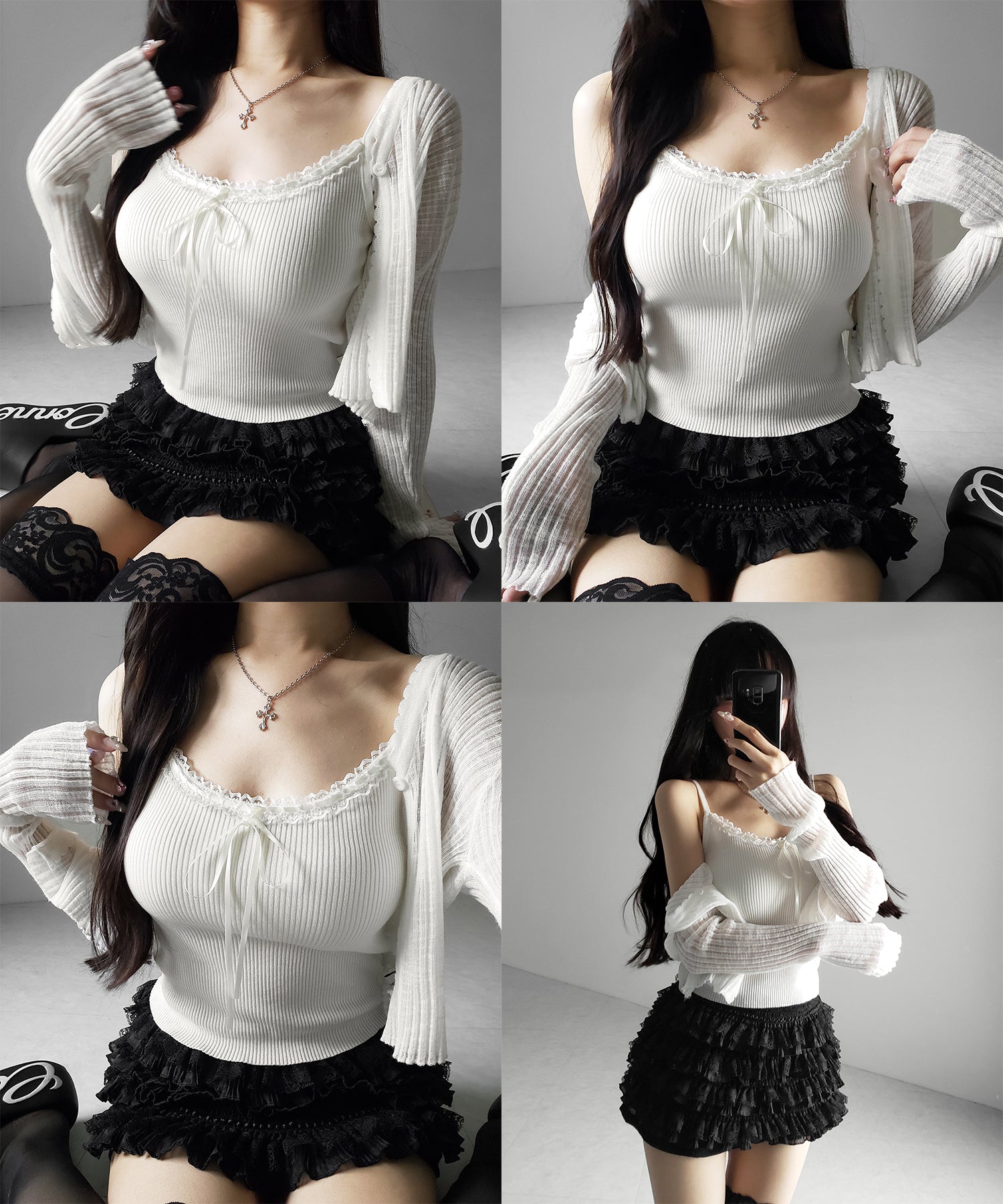 【 ２点セット 】レースリボンニットキャミソール ＋ シアーリブニットカーディガン ／ lace ribbon knit camisole ＋ sheer lib knit cardigan