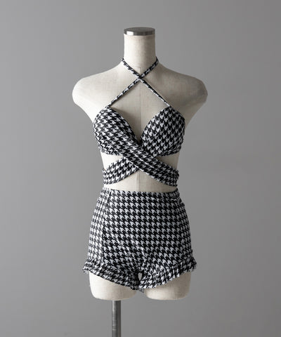 【 レディース水着／２点セット 】千鳥格子柄クロスウエストリボンハイウエストビキニ ／ houndstooth pattern cross waist ribbon high waist bikini