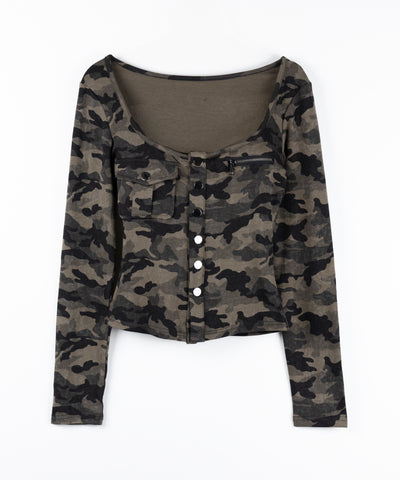 カモフラアウトポケットスクエアネック長袖スリムTシャツ ／ 　camouflage out pocket square neck long sleeve slim T-shirt