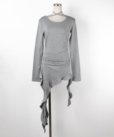 【 ３color 】クロスチョーカーアシンメトリーラッフルフリルトップス ／ cross choker asymmetry ruffle frill tops