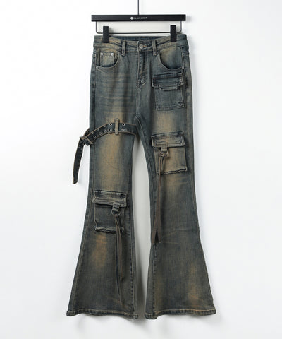 【 ２color ／ ４size 】ベルテッドアウトポケットヴィンテージフレアデニム ／ belted out pocket vintage flare denim
