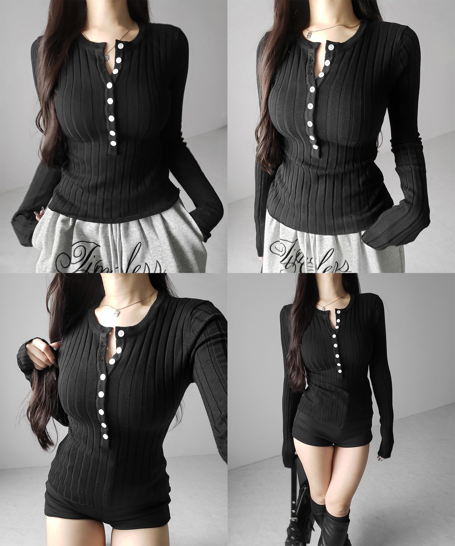 スリムフィットヘンリーネックリブトップス ／ slim fit henley neck ribbed tops