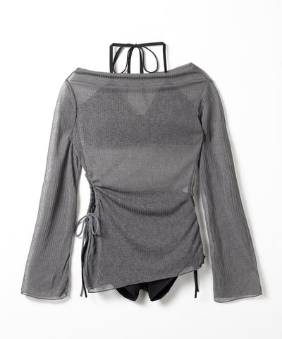 【 レディース水着／３点セット 】シアートップス付き　シャーリングリボンホルターネックハイウエストビキニ ／ ( 3piece ) sheer tops SET shirring ribbon halter neck high waist bikini