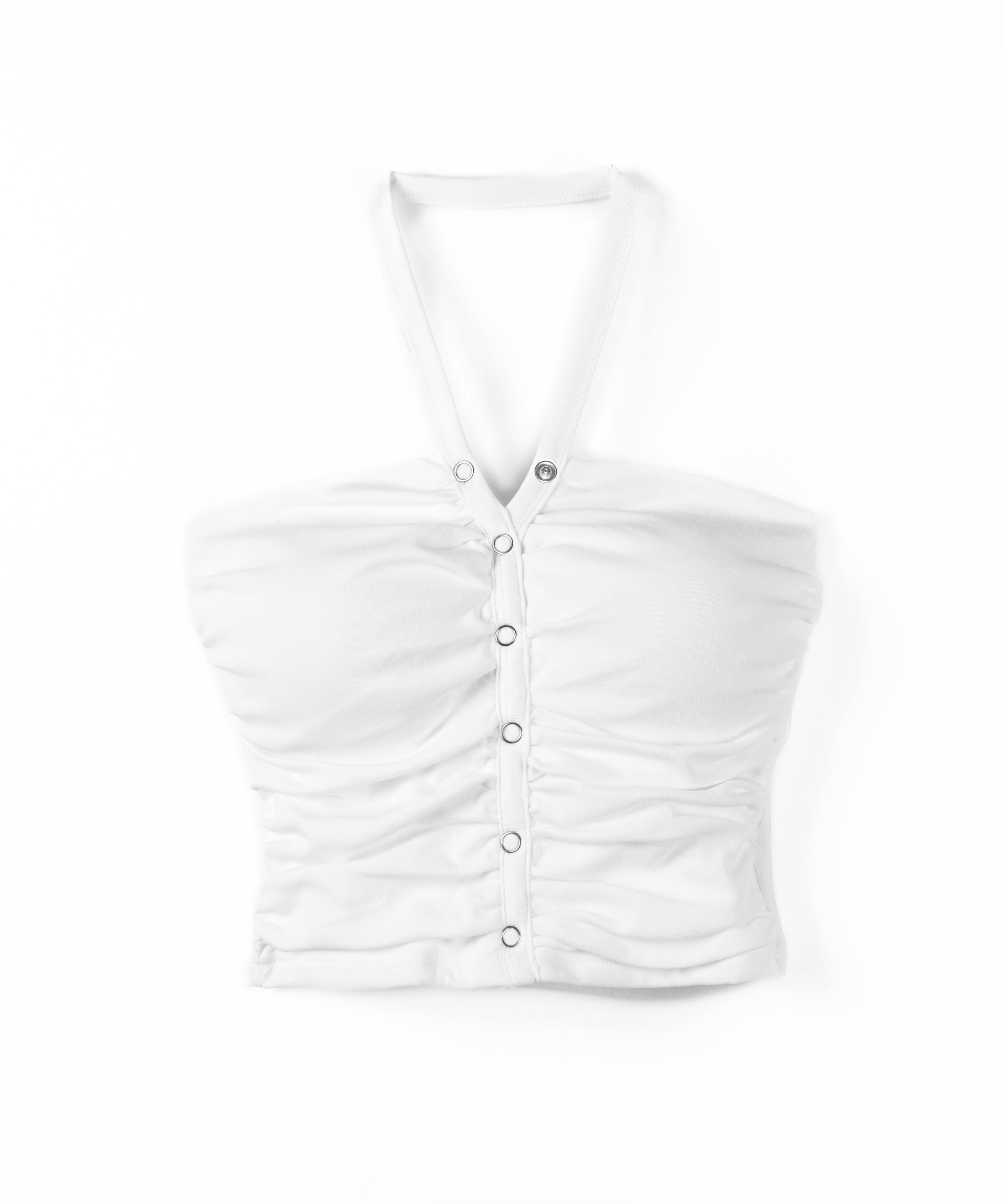 ホルターネックスナップボタンギャザーベアトップ ／ halter neck snap button gathered bare top