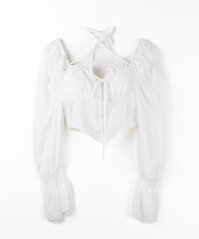 【 ２color ／ ２WAY 】フロントリボンクロスネックオフショルシフォンブラウス ／ front ribbon cross neck off-shoulder chiffon blouse