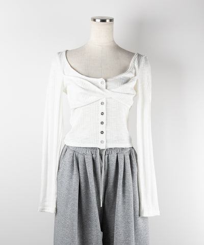 【 ３color 】フロントボタンオープンネックリブカットソートップス ／ front button open neck ribbed cutsew tops