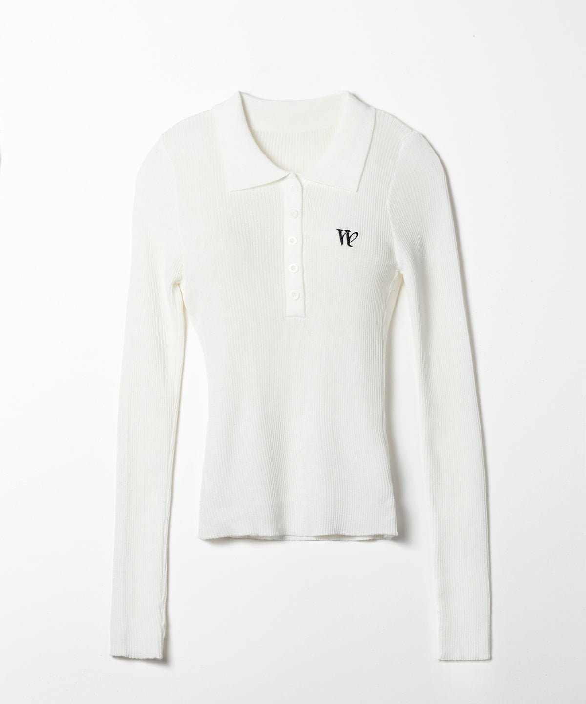ワンポイント刺繍ポロカラースリムシアーリブニット ／ One-point embroidery polo collar slim sheer rib knit
