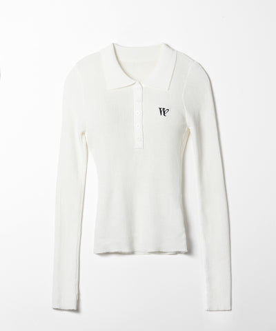 ワンポイント刺繍ポロカラースリムシアーリブニット ／ One-point embroidery polo collar slim sheer rib knit