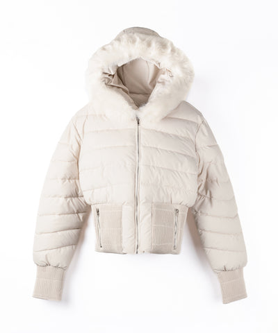 ウエストマークファーフードレディフェイクダウンジャケット ／ waist mark fur hooded lady fake down jacket