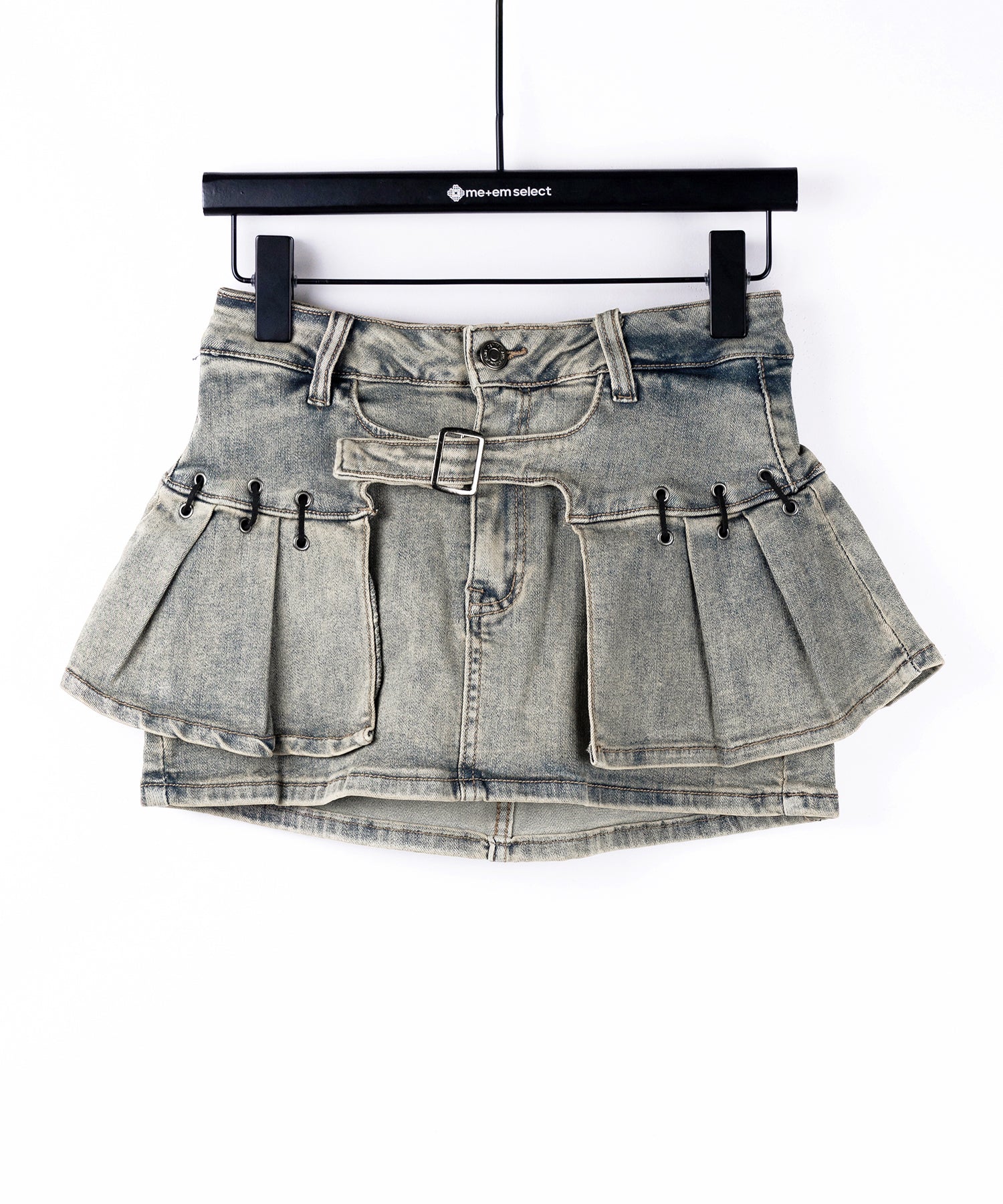 【 インパン裏地付 】ベルテッドマイクロプリーツデニムミニスカパン ／ belted micro pleats denim skirt pants
