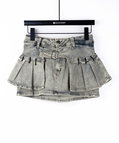 【 インパン裏地付 】ベルテッドマイクロプリーツデニムミニスカパン ／ belted micro pleats denim skirt pants