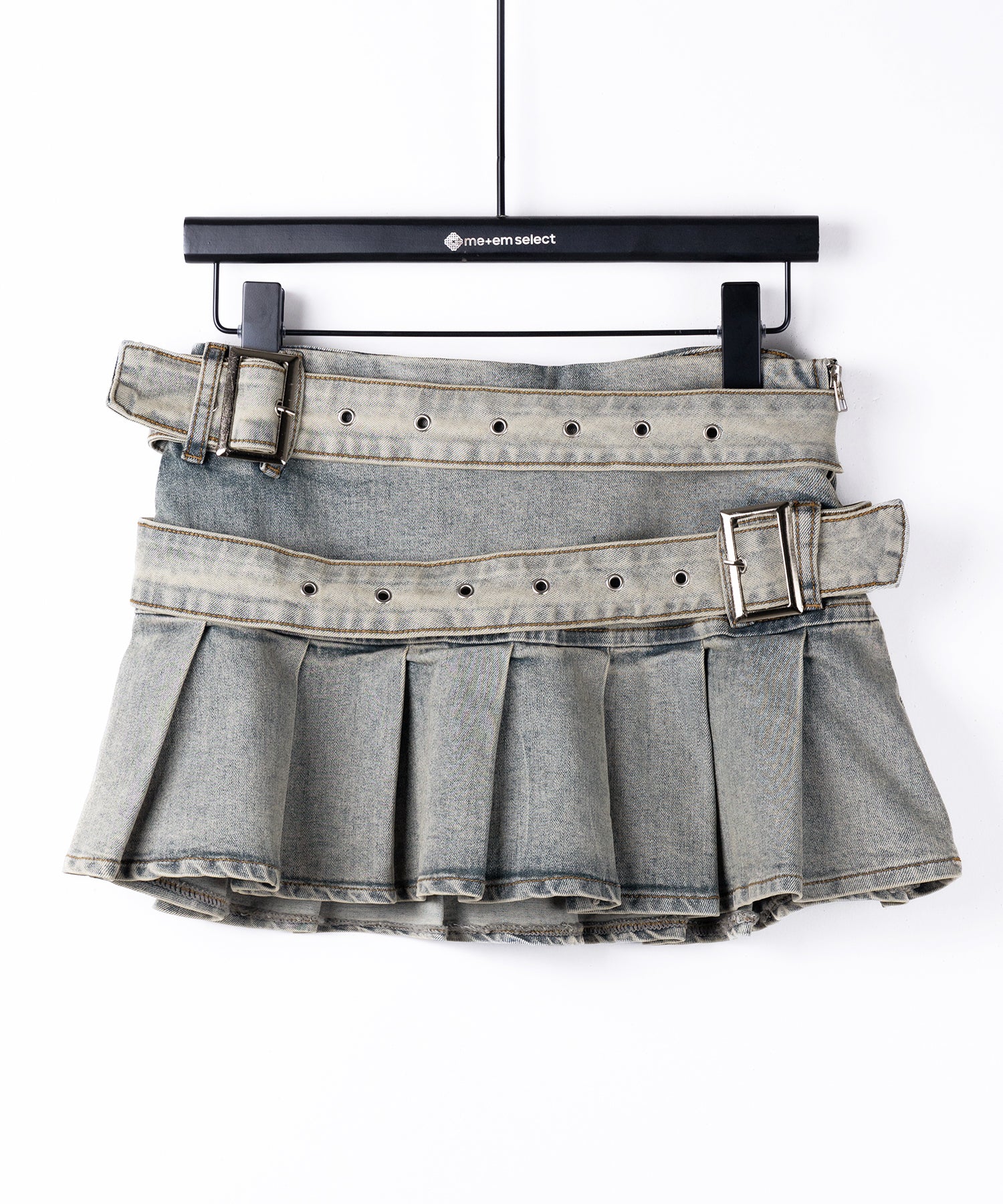 【 インパン裏地付 】ダブルベルトヴィンテージデニムプリーツミニスカート ／ double belt vintage denim pleats mini skirt