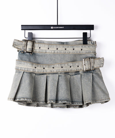 【 インパン裏地付 】ダブルベルトヴィンテージデニムプリーツミニスカート ／ double belt vintage denim pleats mini skirt