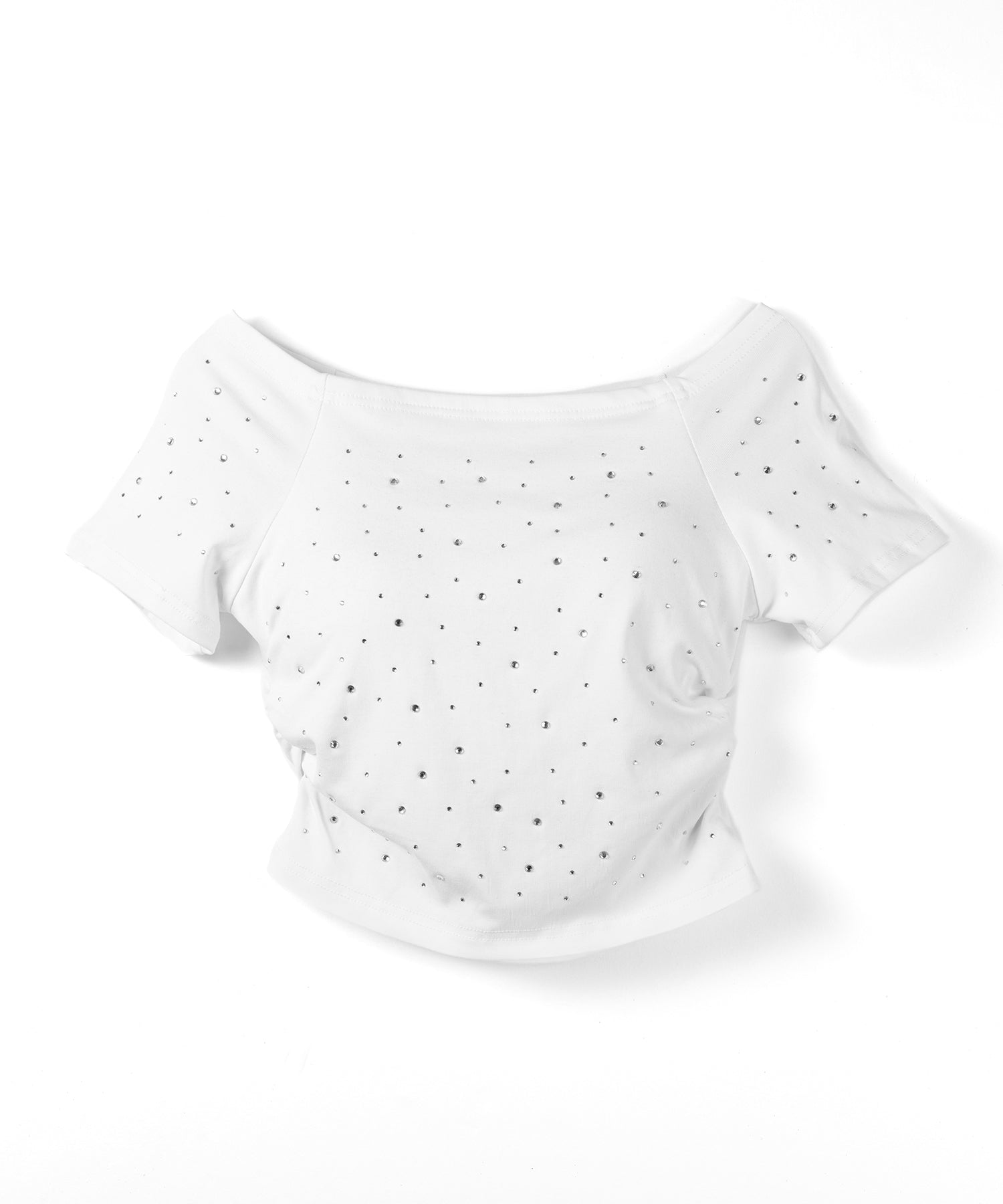 ラインストーンオフショルスリムTシャツ ／ Rhine stone off shoulder slim T-shirts